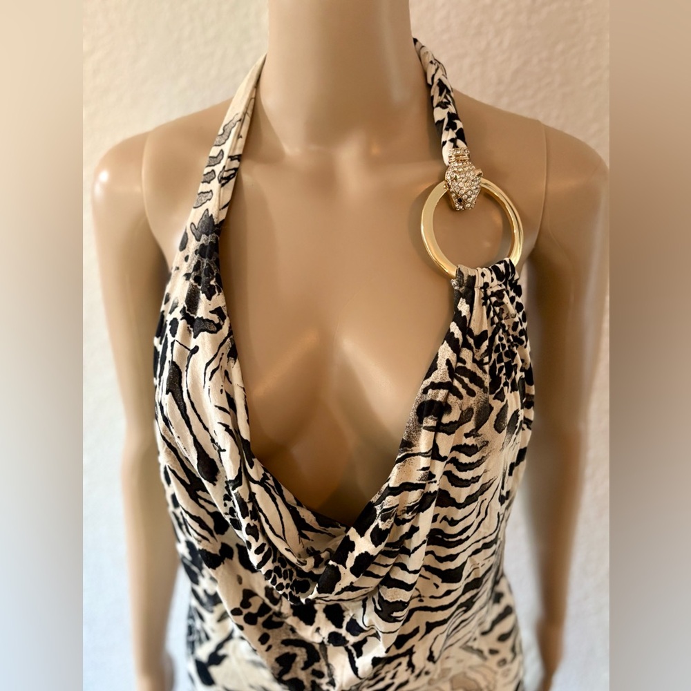 SKY Rare Original Y2K Black and Cream Animal Print Backless Halter Mini Dress - Picture 4 of 9